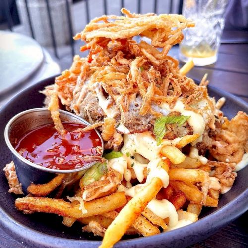 The image shows a plate of loaded fries topped with cheese, pulled pork, and fried onions, with a side of red dipping sauce in a small cup.