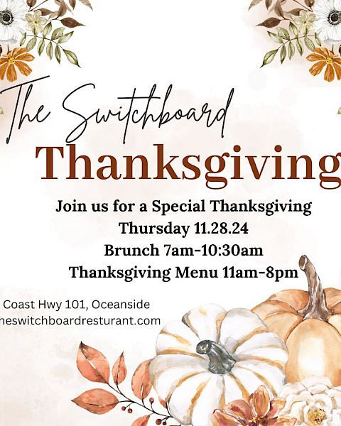 Thanksgiving event invitation for The Switchboard with brunch and dinner details, pumpkins, and flowers. Location and website included.