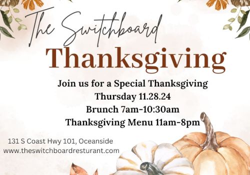 Thanksgiving event invitation for The Switchboard with brunch and dinner details, pumpkins, and flowers. Location and website included.