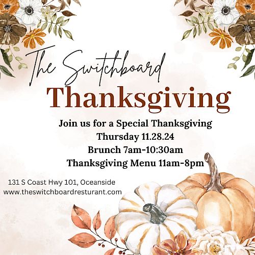 Thanksgiving event invitation for The Switchboard with brunch and dinner details, pumpkins, and flowers. Location and website included.